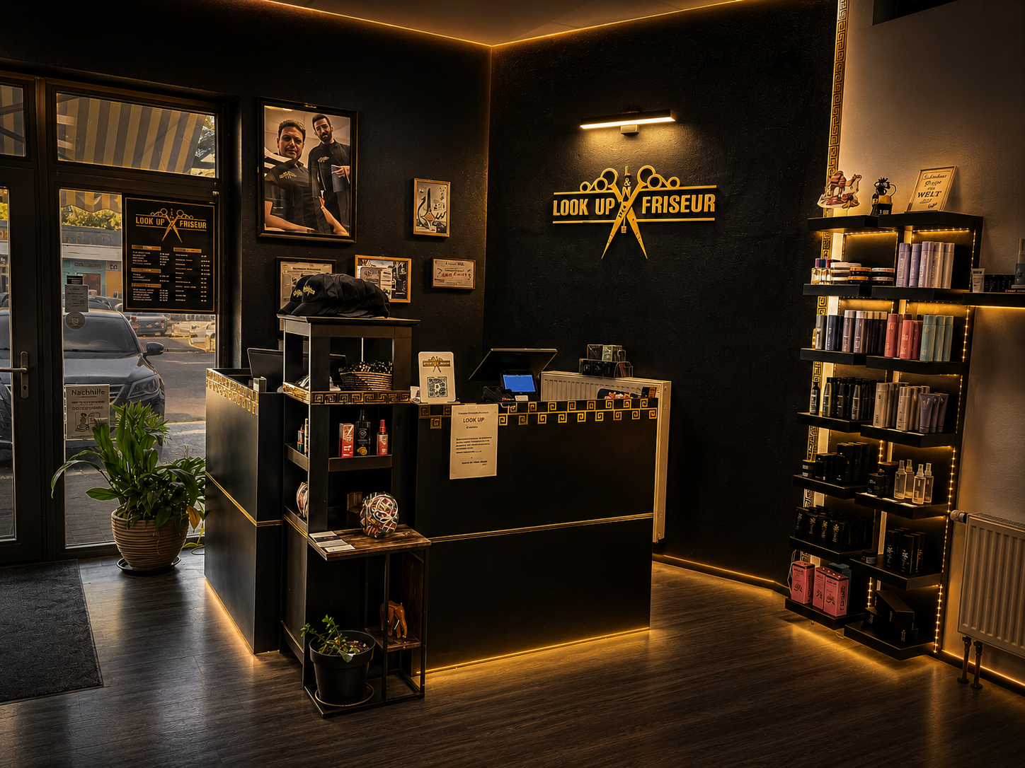 The LOOK UP barbershop reception area